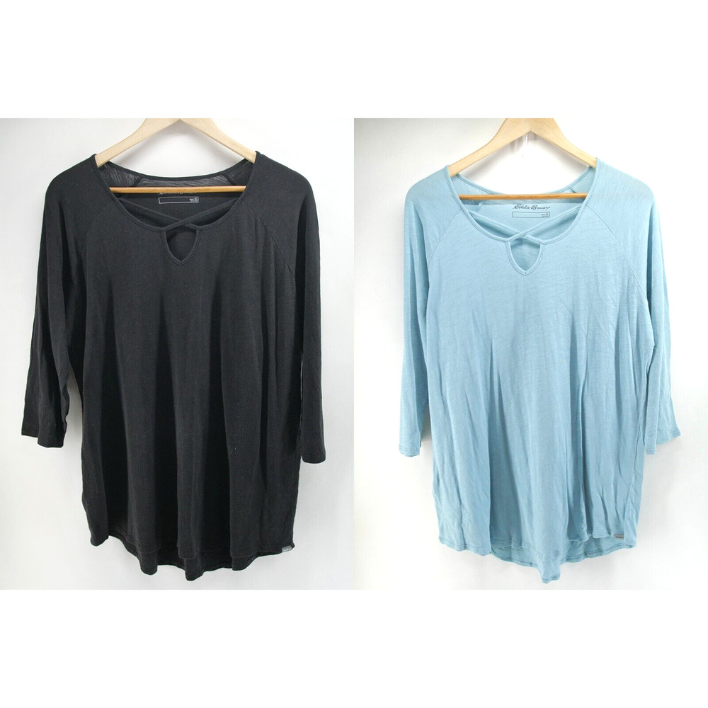 2 Eddie‎ Bauer Modal Tunic Top Crisscross Front 3/4 Sleeve Cotton Black Blue XL